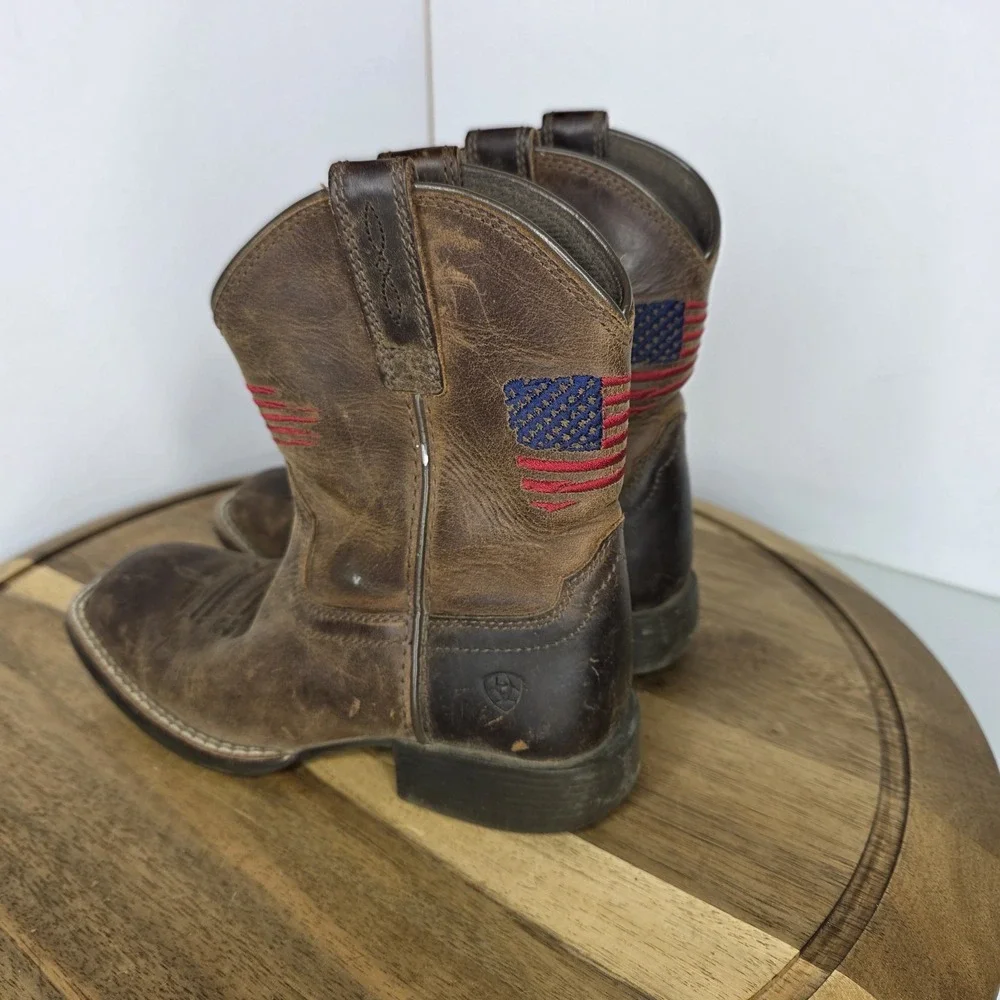 Ariat Youth Sz 12 American Pride Western Boots Square Toe Brown Leather Flag